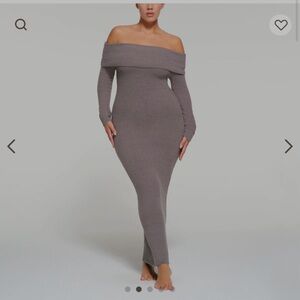 SKIMS Off-Shoulder Ribbed Maxi Dress in Taupe
